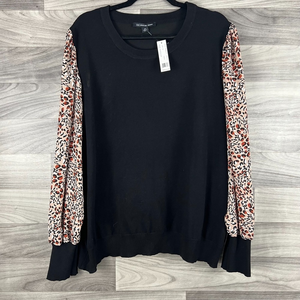 Zac & Rachel Sweater Women's Size 3X Black Knitted Leopard Print Sleeve Pullover